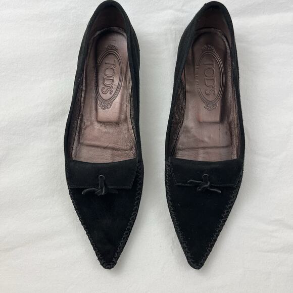 Tod's Jackie Suede Moc Pointed Flat Loafers Womens Size 5 Black Slip On - Picture 5 of 9